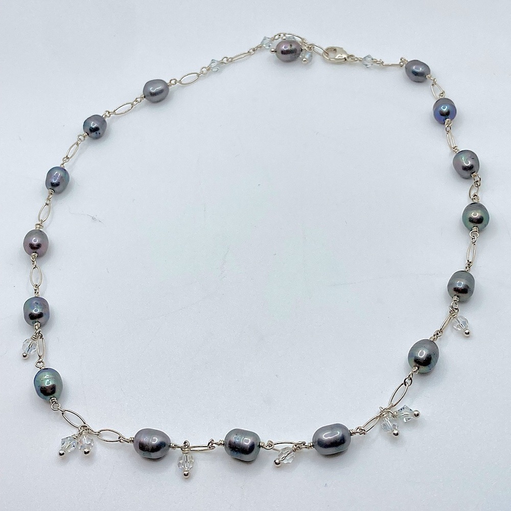 VTG Sterling & Pearl Purple / Grey w Reflective Crystal Bead Dangles and 18”